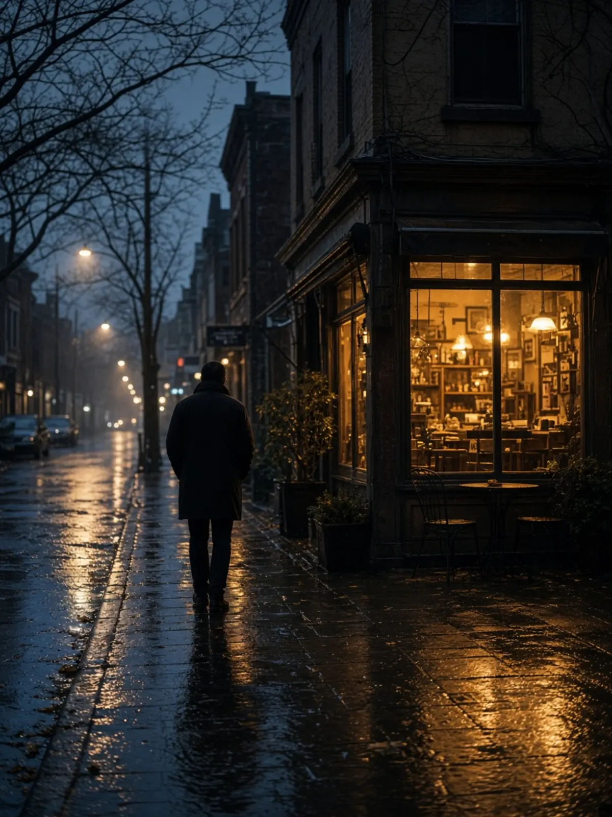 A city street of small places at dusk