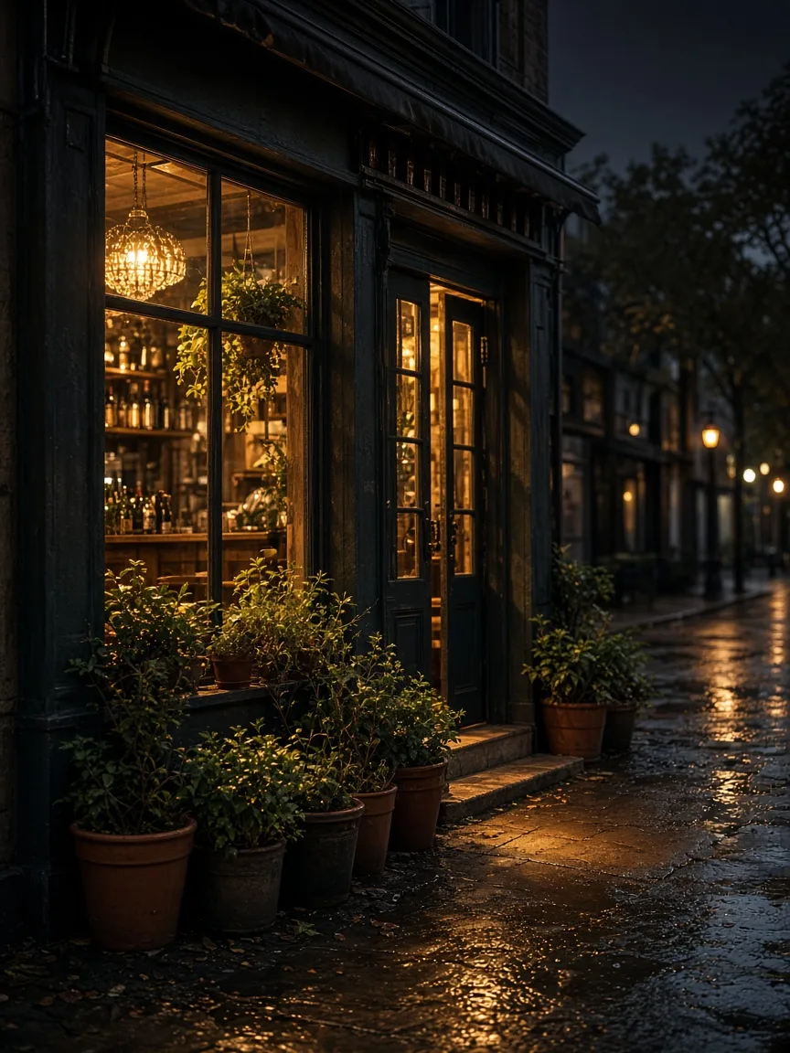 A neighborhood storefront at dusk